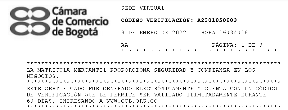 Certificado de camara de comercio Asistente Colombia